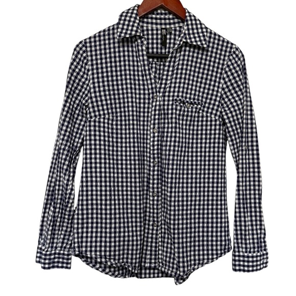 Kut From The Kloth Feena ButtonUp Roll Tab Textured Gingham Top Size M Navy Blue - Picture 3 of 13